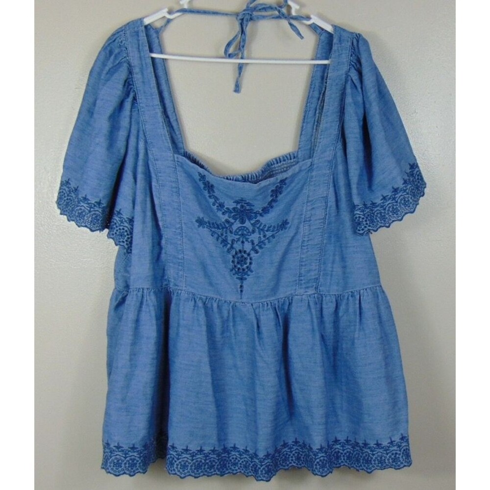 Old Navy Womens 4x Blue Embroidered Babydoll Top Square Neck Puff Sleeve Cotton